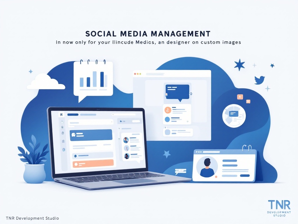 Social media management service visual with a laptop and smartphone displaying social media platforms, a content calendar, and a designer creating custom images for TNR Development Studio.